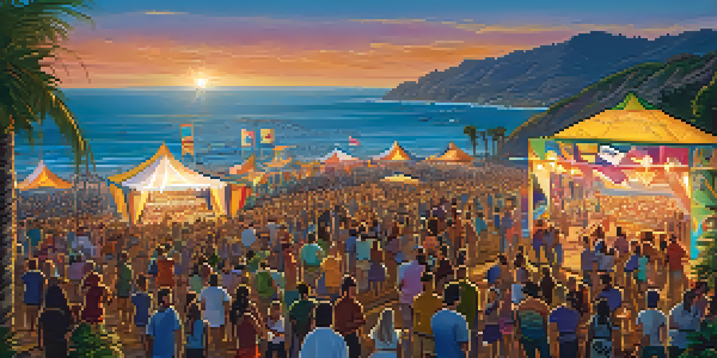 A lively outdoor music festival in Malibu with a diverse crowd enjoying live performances against a sunset backdrop over the ocean.