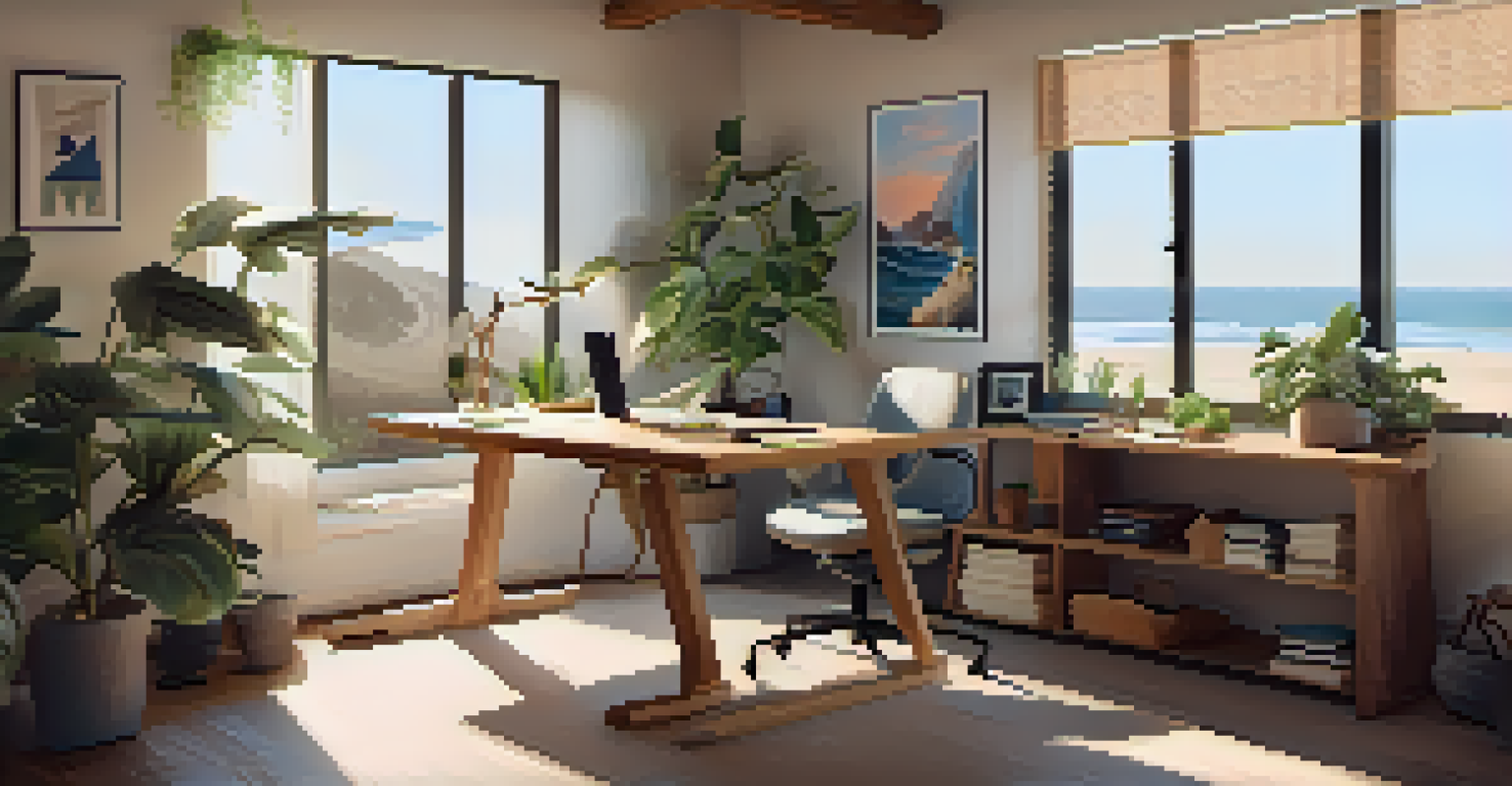 A cozy workspace in Malibu with an ergonomic chair, personal touches, and soft natural light filtering through a window.