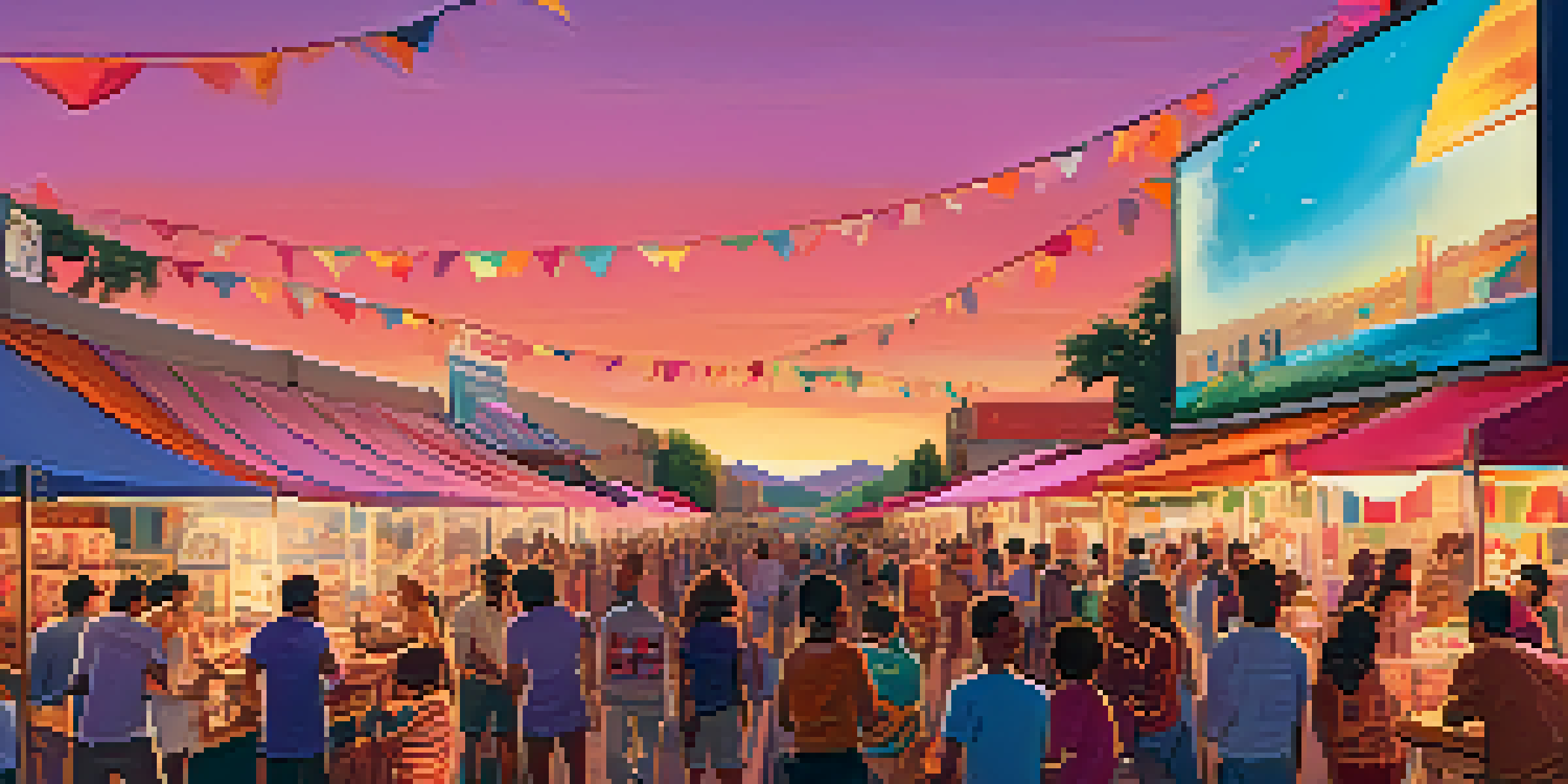 An outdoor film festival at sunset with a diverse crowd and colorful banners.