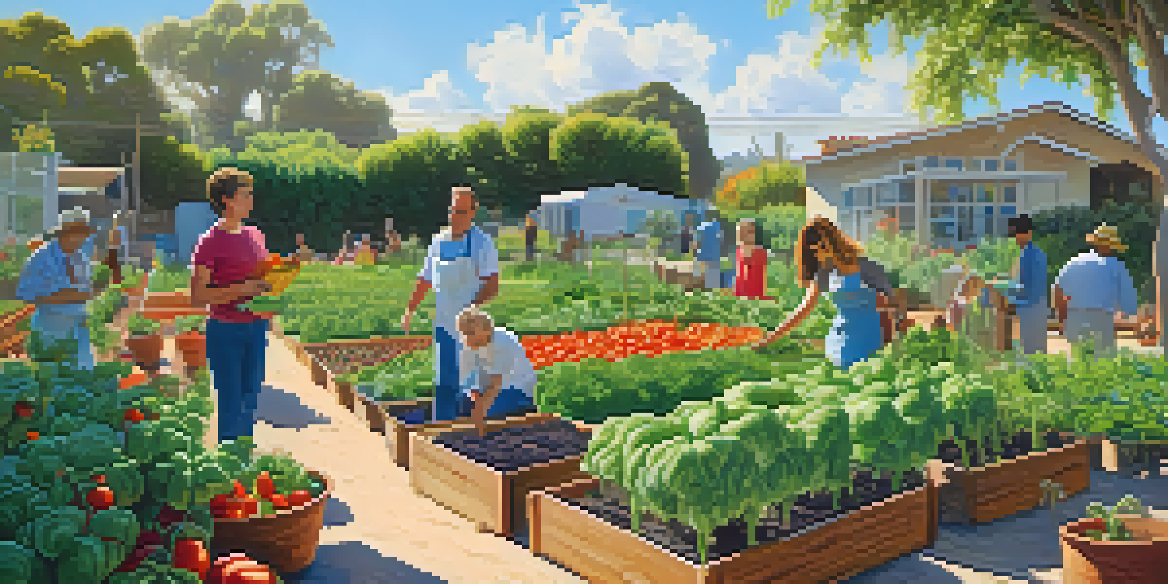 A community garden in Malibu with diverse individuals tending to colorful vegetable patches and flowers under a clear blue sky.