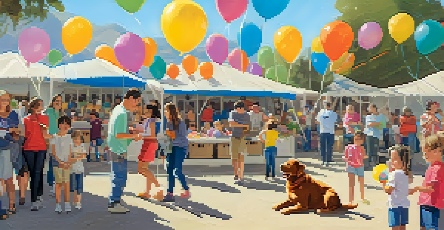 Families interacting with adoptable pets at a cheerful community adoption event in a Malibu animal shelter, with colorful banners and decorations.