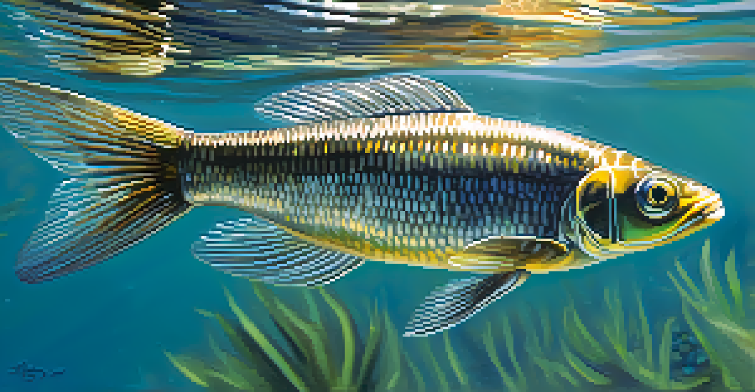 A close-up view of a California Grunion fish swimming in clear water, with sunlight creating a beautiful play of light on its iridescent scales and sandy surroundings.
