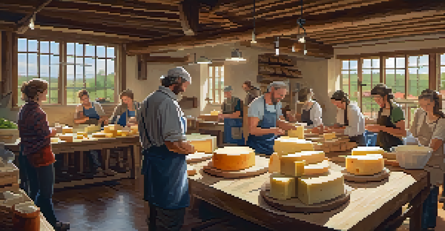 Visitors participating in a cheese-making workshop at a local farm, with fresh ingredients and a farmer demonstrating the process.