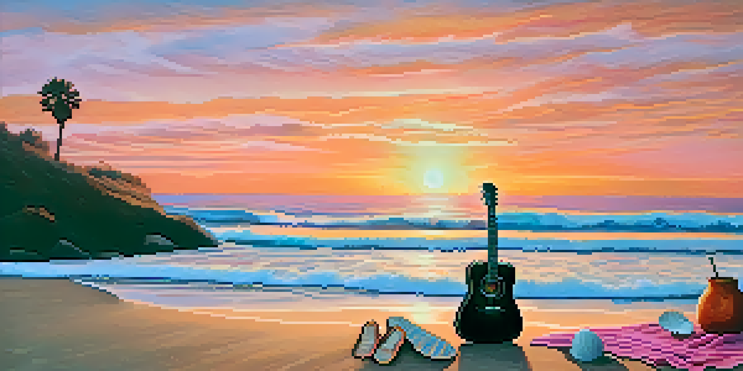 A beautiful sunset at Malibu beach with a guitar on the sand and seashells around.