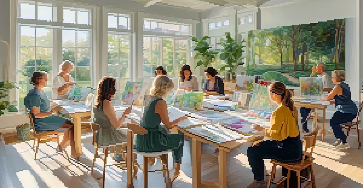 An intimate workshop in a bright room with natural light, featuring participants engaged in a creative activity surrounded by art supplies.