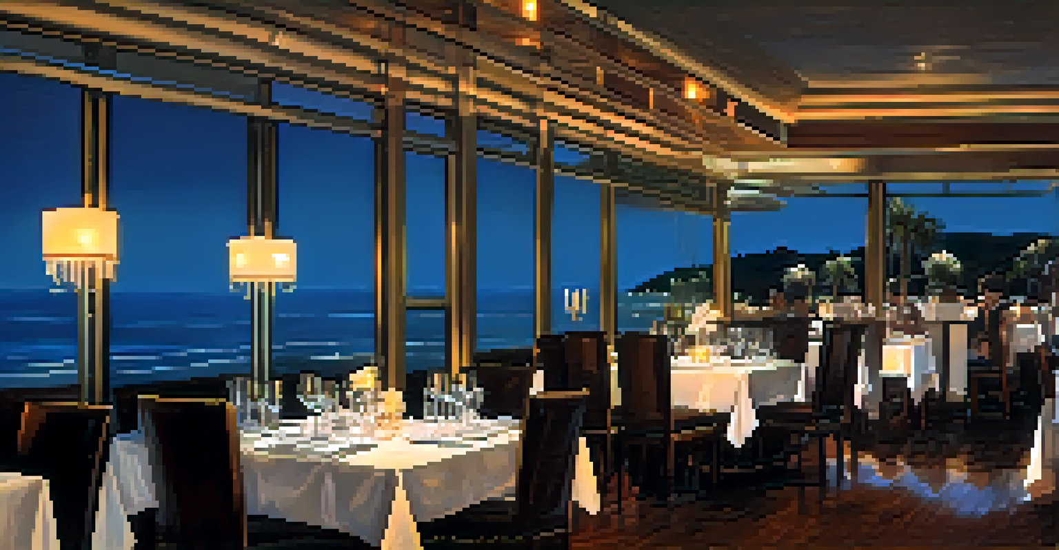 Elegant dining at Mastro's Ocean Club in Malibu with ocean views, beautifully set tables, and diners enjoying gourmet meals under soft lighting.