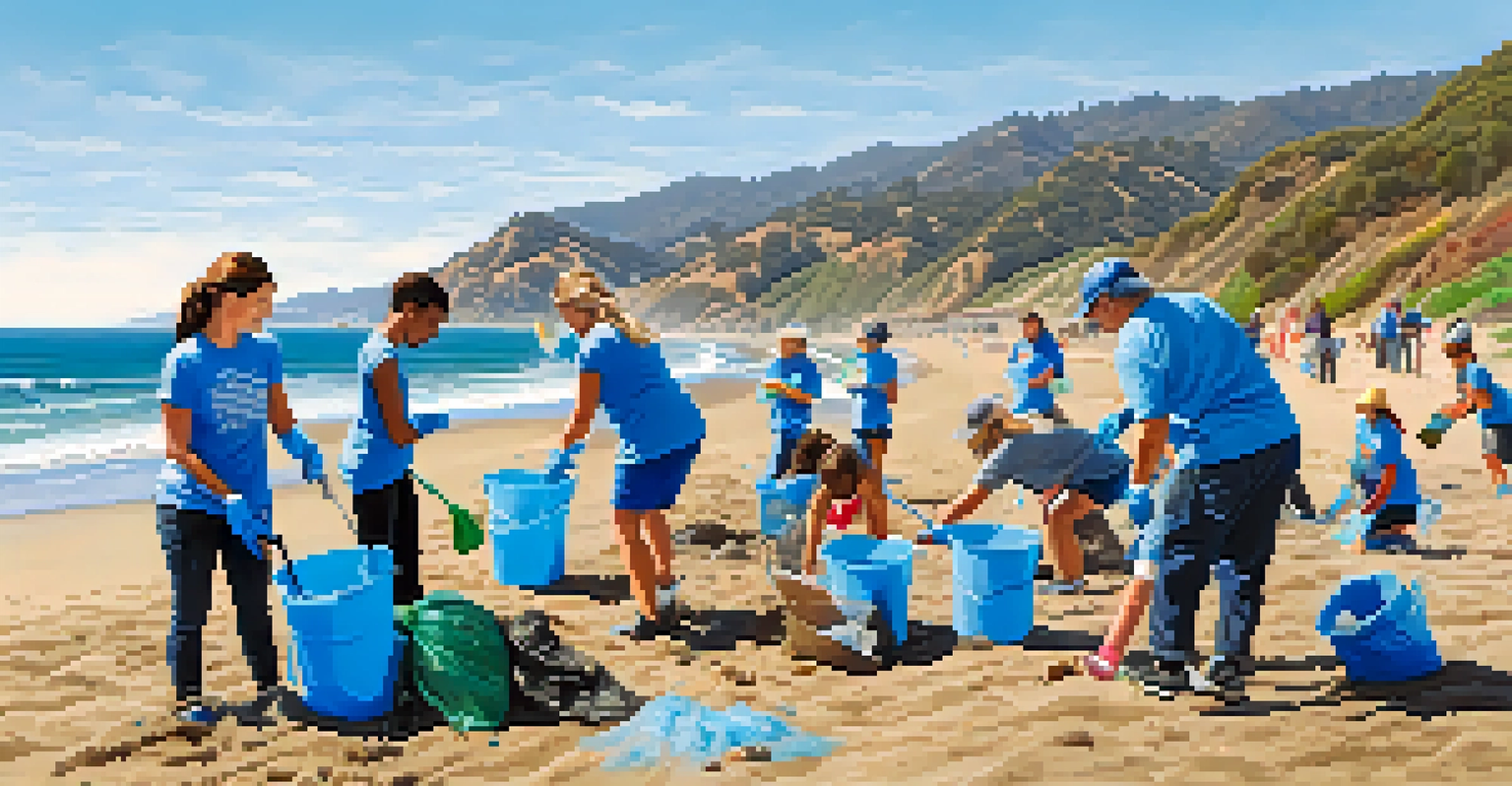 A community beach clean-up in Malibu with people collecting litter along the beach under blue skies.