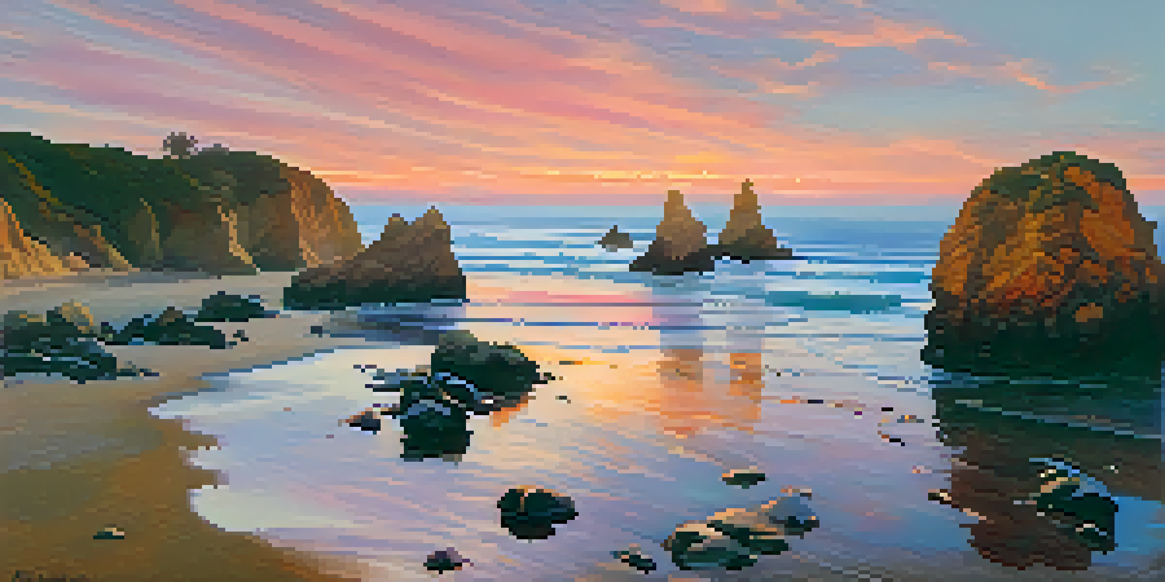 A beautiful sunset at El Matador State Beach with dramatic rock formations and gentle waves, featuring colorful skies reflected in the water.