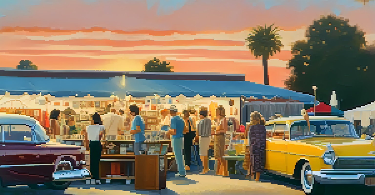A vintage market in Malibu with stalls filled with retro items and shoppers exploring unique collectibles.