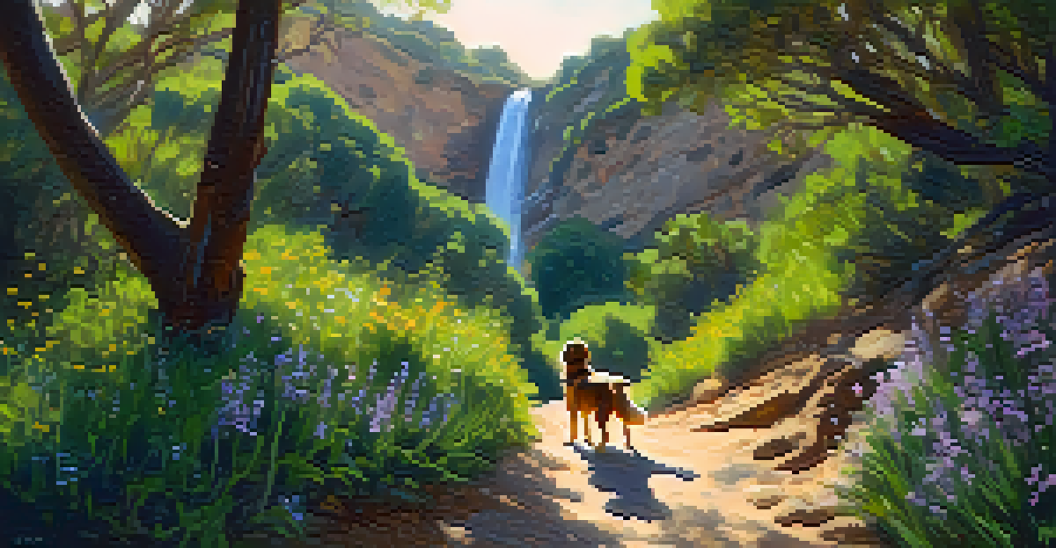 A hiking trail in Solstice Canyon with a dog exploring amidst lush greenery and a waterfall in the background.
