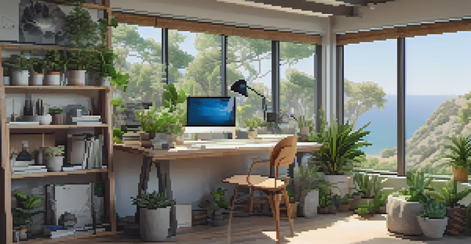 An architect's workspace with blueprints and sustainable materials for LEED-certified homes in Malibu, illuminated by natural light.