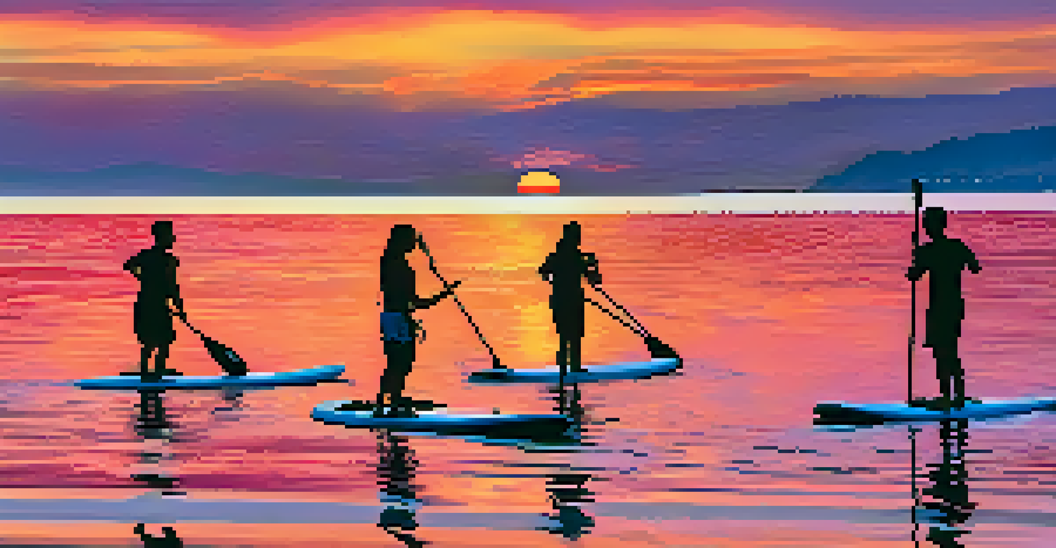 Group of paddleboarders silhouetted against a colorful sunset sky over Malibu, with vibrant reflections on the water.