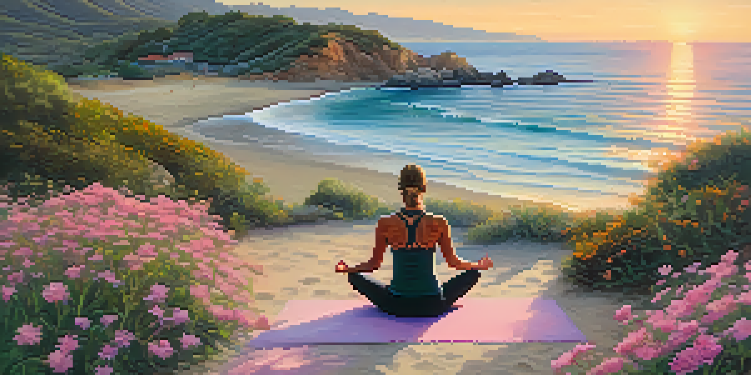 A person practicing yoga on a beach at sunrise, with gentle waves and a colorful sky.