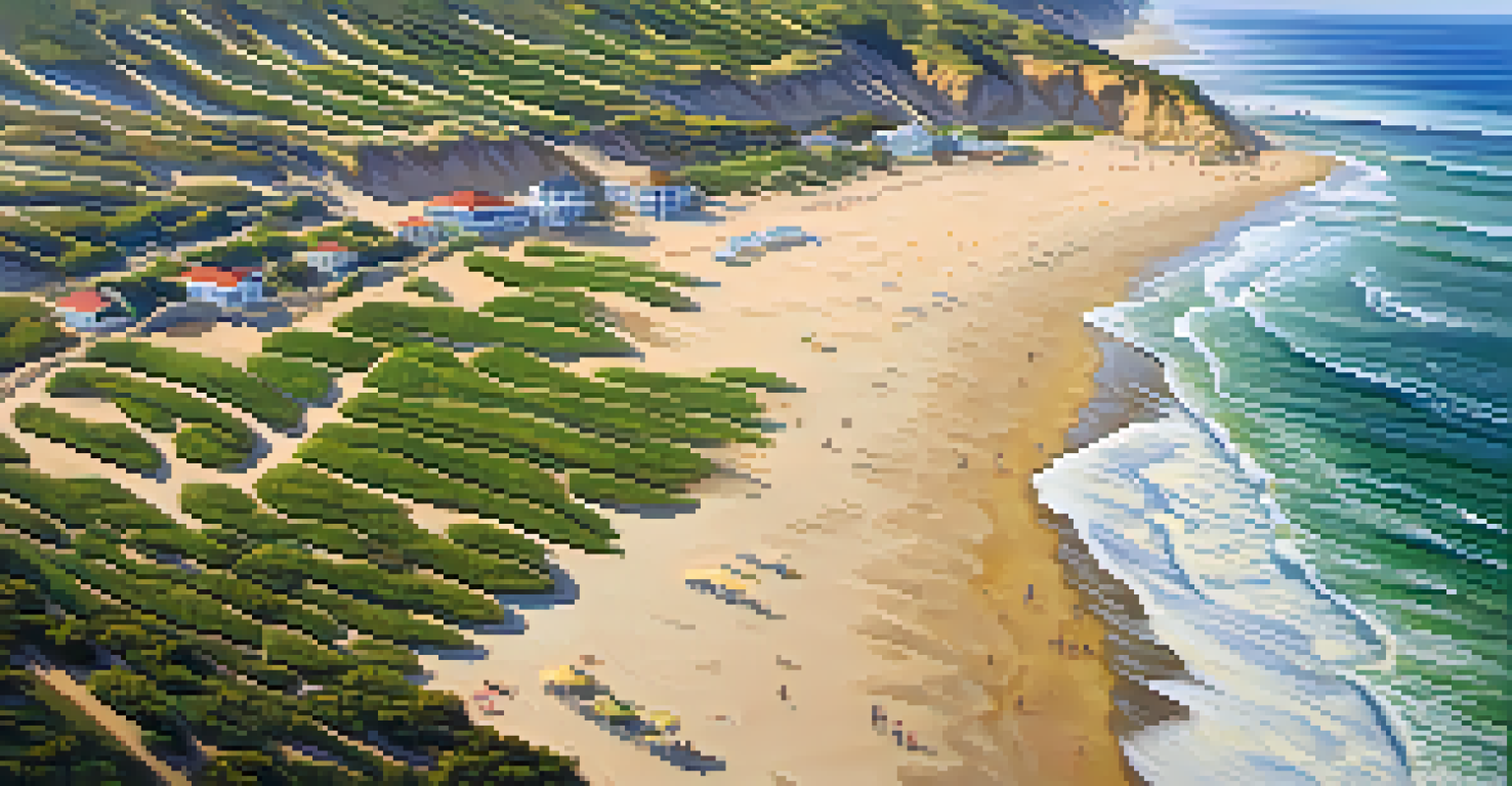 Aerial view of Malibu's coastline with volunteers planting vegetation and waves crashing on the beach.