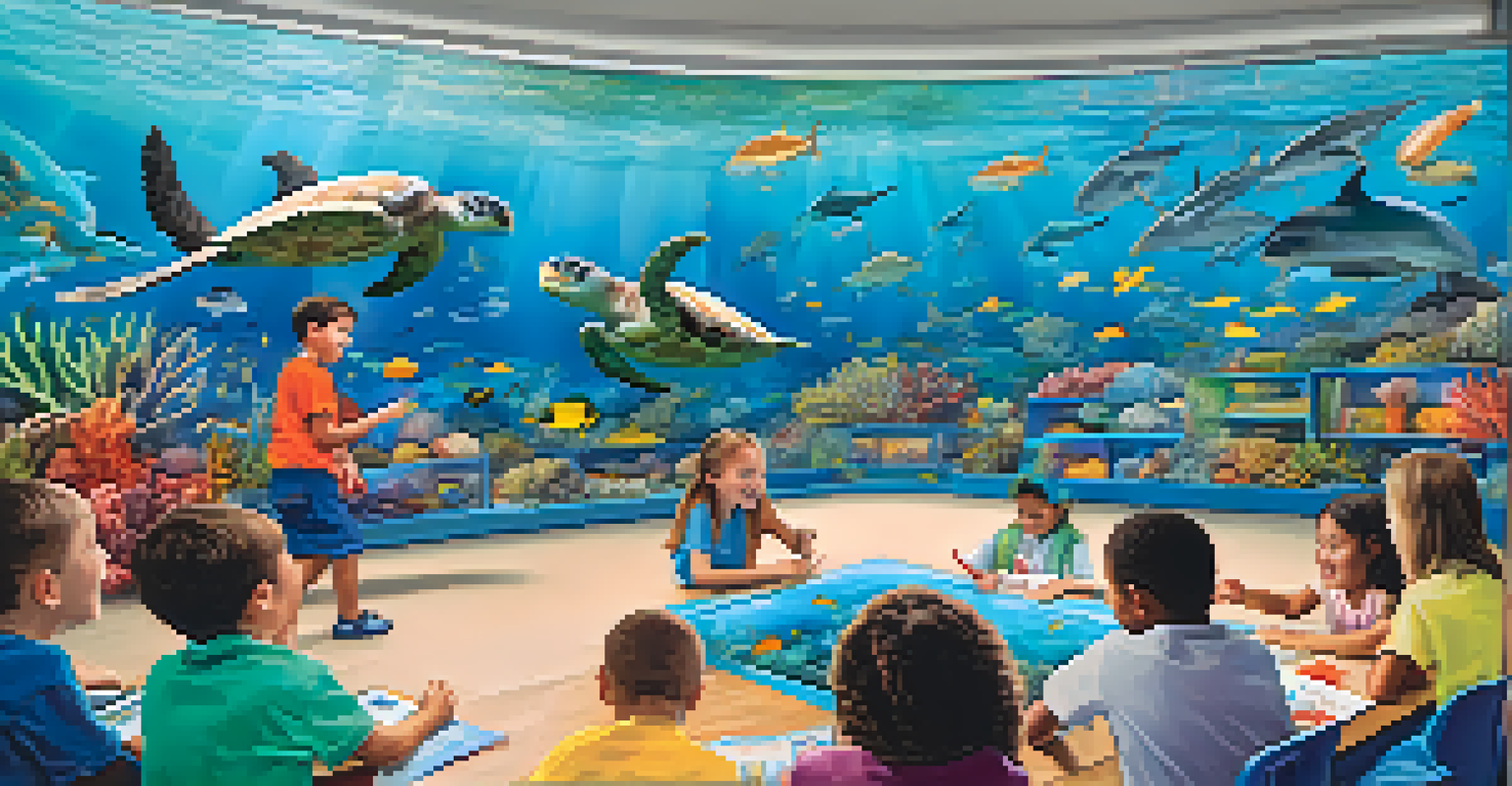 A classroom filled with children learning about marine life with a teacher demonstrating tidepool exploration.