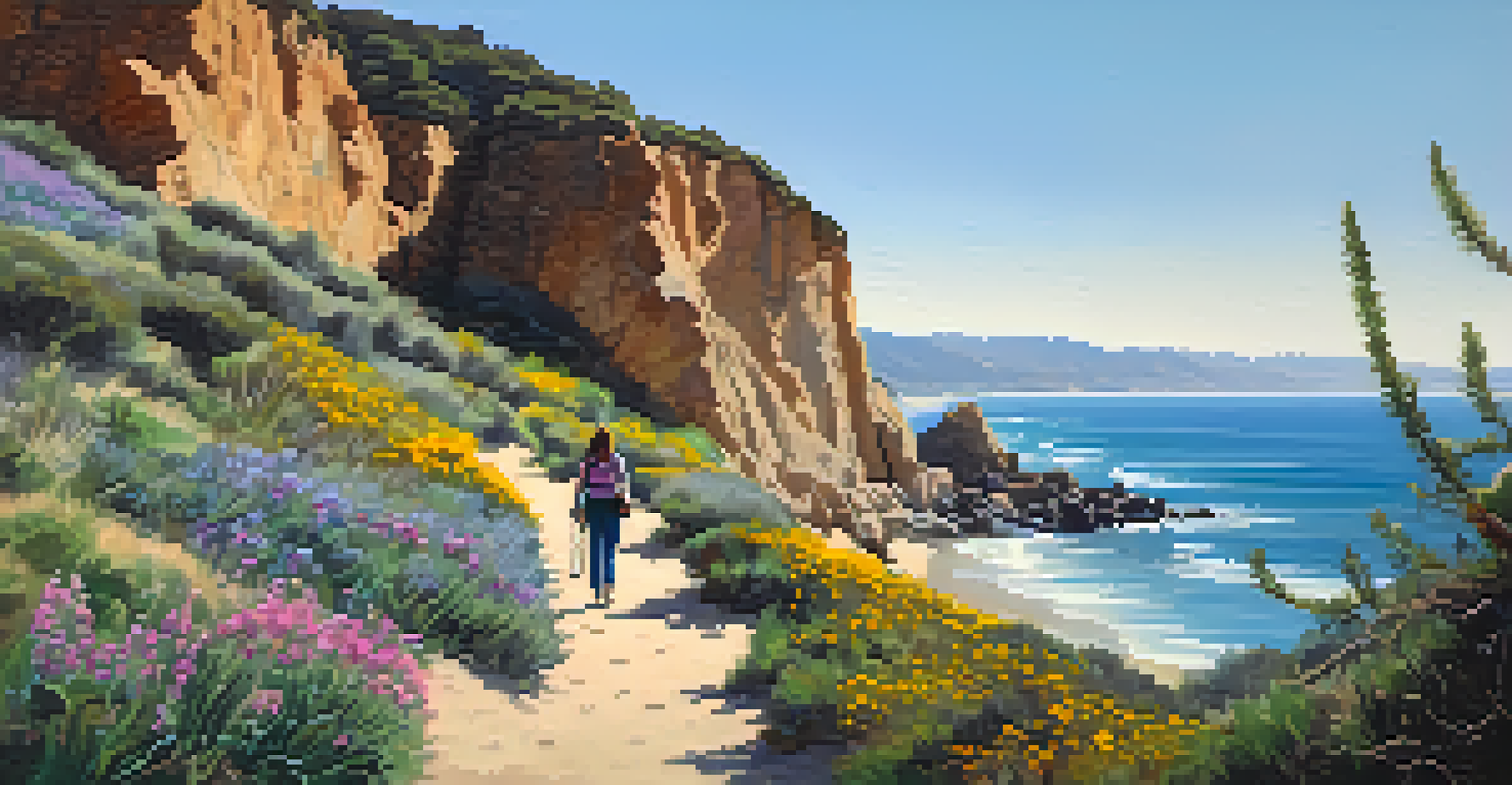 Dramatic cliffs and clear waters at Point Dume State Beach with hikers on a trail.
