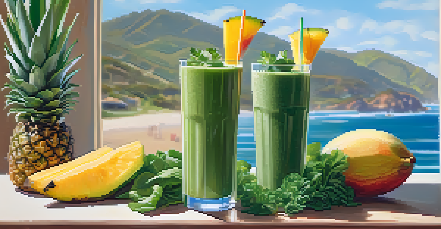A green smoothie in a glass with spinach, kale, pineapple, and mango, set against a sunny beach backdrop.