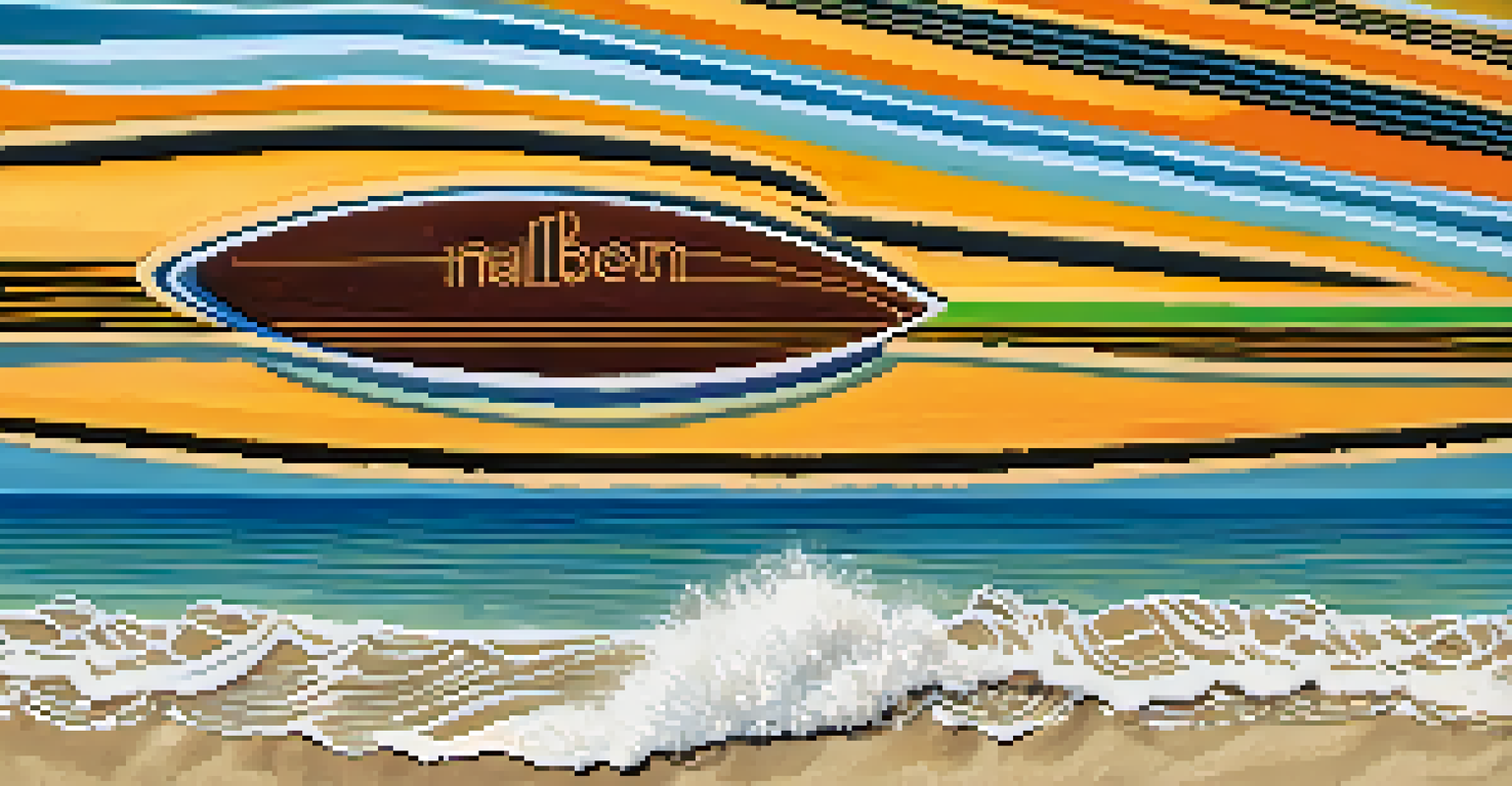 A close-up of a colorful custom surfboard on the beach, with intricate designs and gentle ocean waves in the background under a clear blue sky.