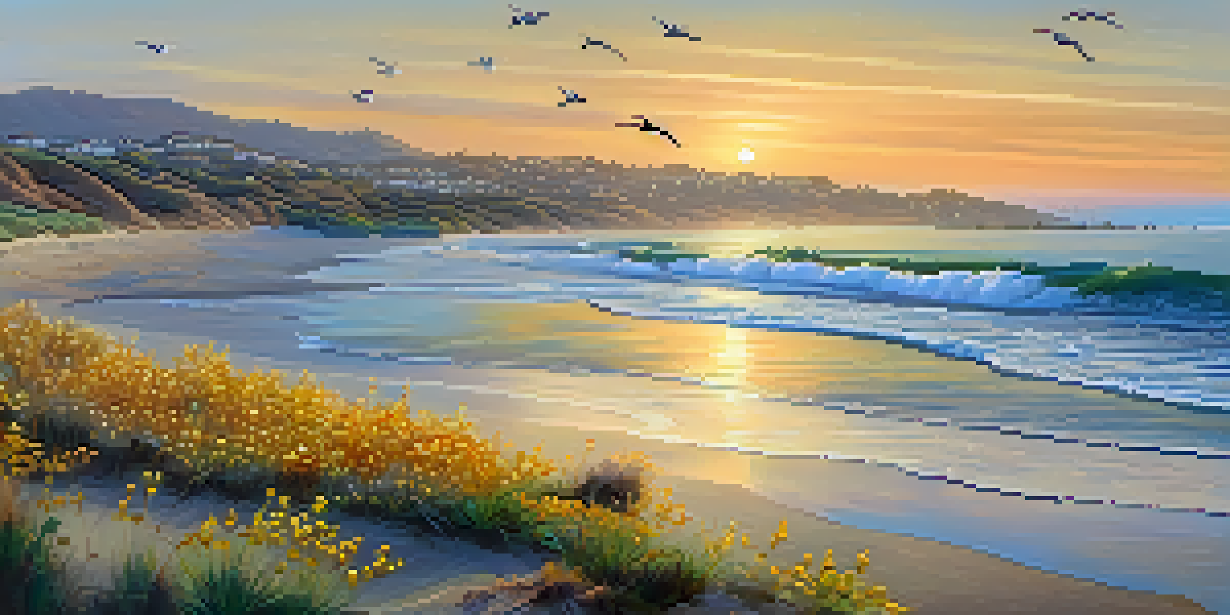 A scenic view of Malibu Lagoon State Beach at sunrise with flying birds and colorful wildflowers in the foreground.