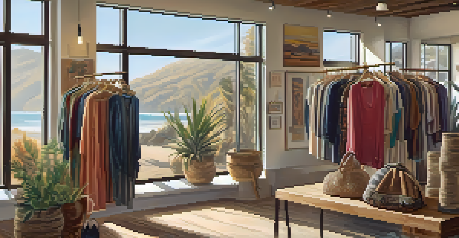The interior of a Malibu boutique showcasing sustainable fashion, with organic clothing and eco-friendly accessories displayed under natural light.
