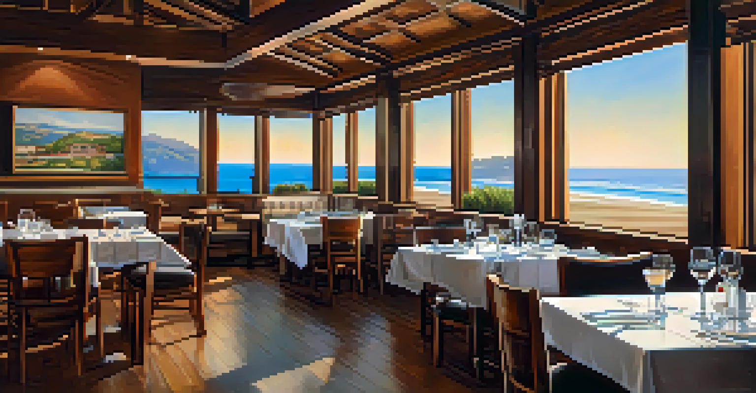The interior of an upscale restaurant with ocean views, featuring wooden tables and warm ambient lighting.