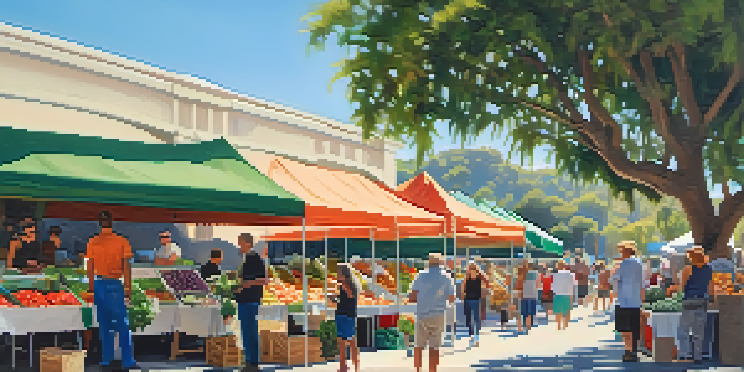A lively farmers' market in Malibu with locals shopping for fresh produce and enjoying live music under the sun.