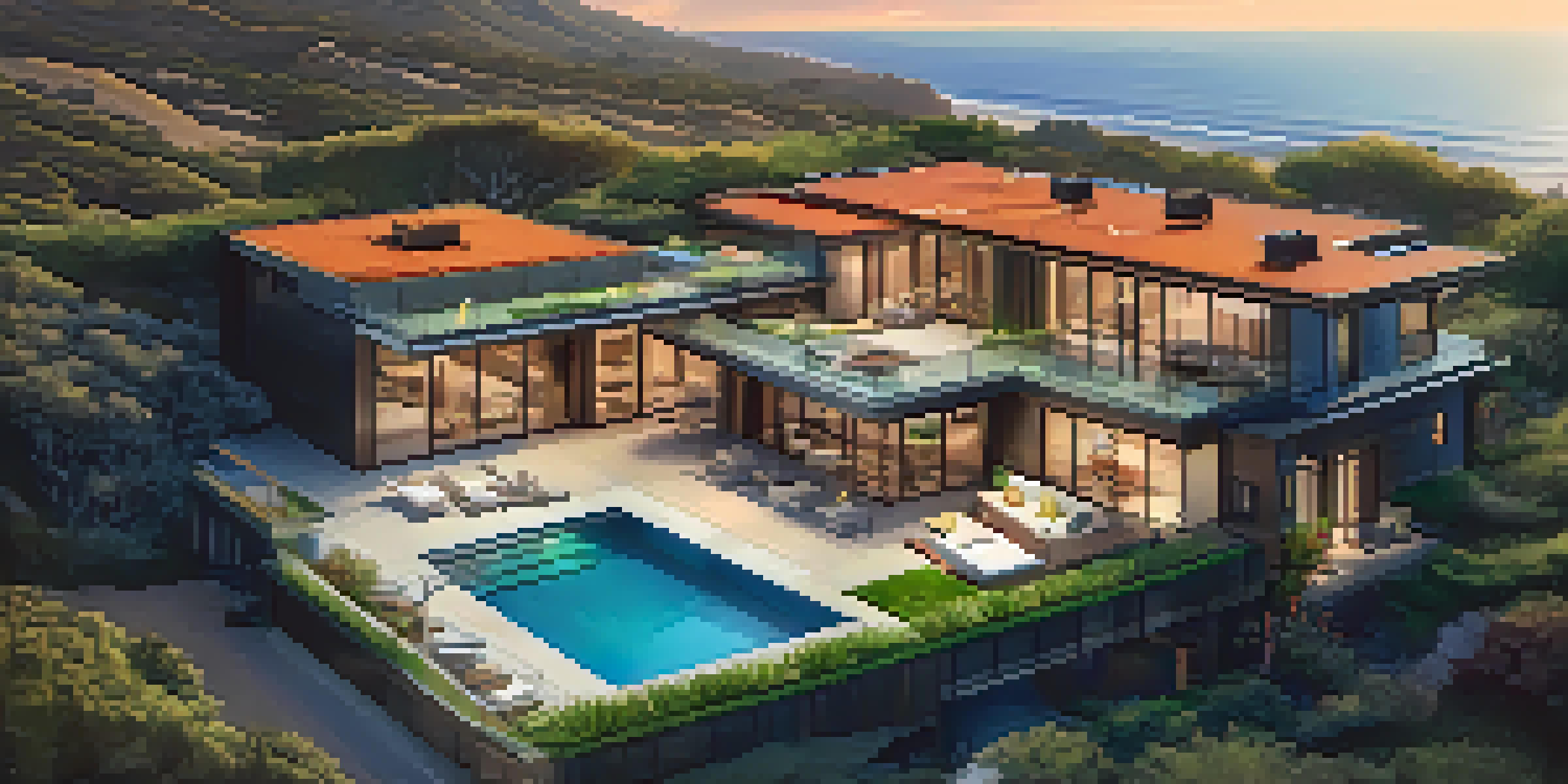 An aerial view of a luxurious eco-friendly home in Malibu with a green roof and solar panels, overlooking the ocean at sunset.
