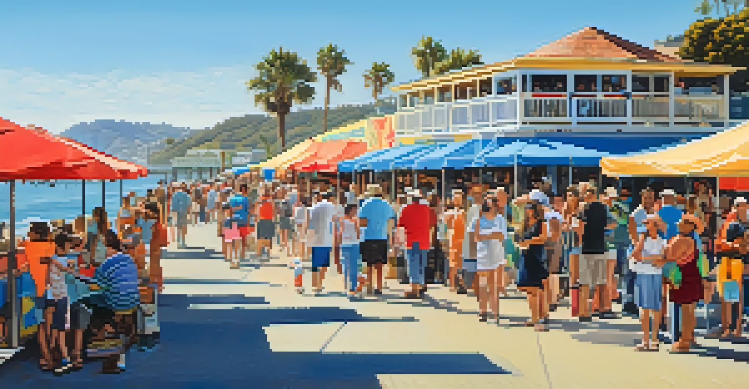 A lively scene at Malibu Pier with families and tourists enjoying a sunny day filled with colorful stalls and activities.