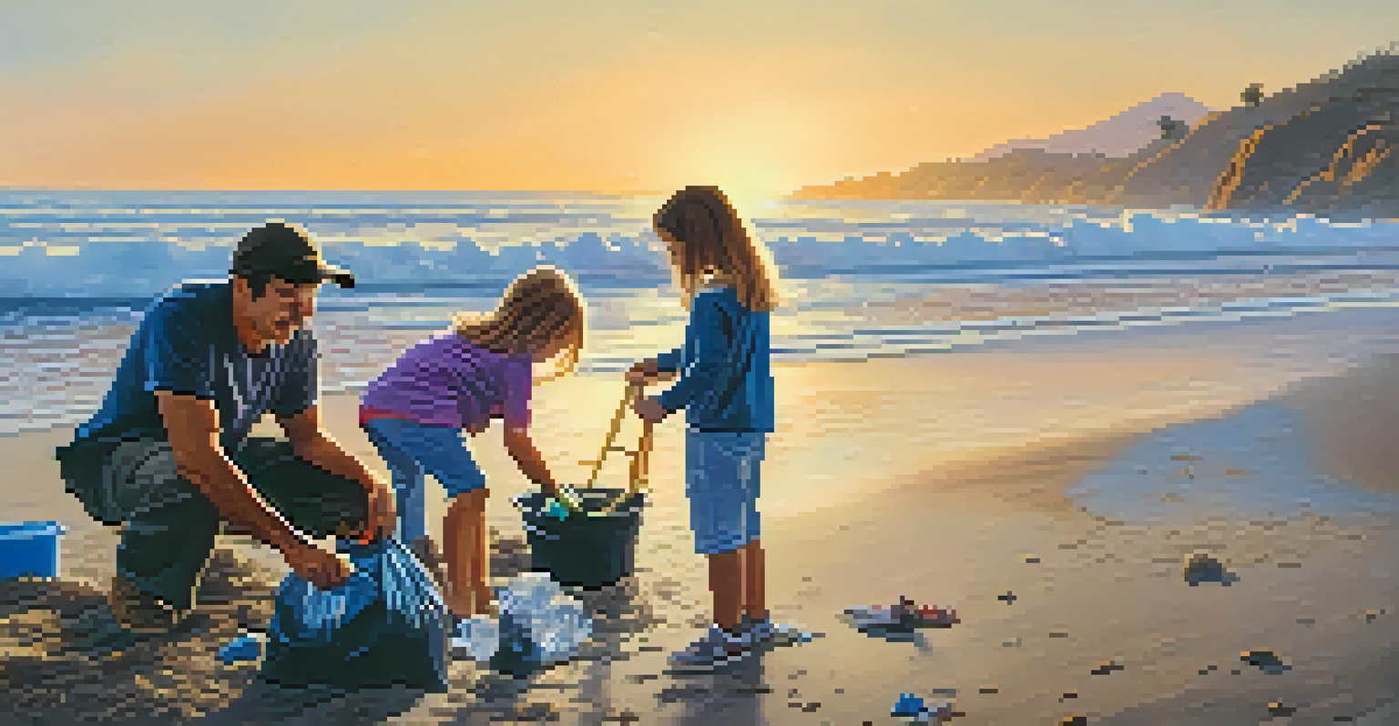A father and daughter happily collecting trash on a Malibu beach during sunset, with the ocean and sand glowing in golden light.