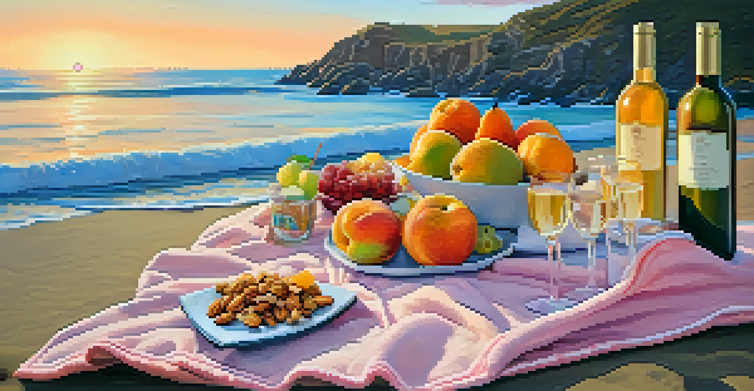 A beach picnic in Malibu at sunset with a blanket featuring fruits, cheeses, and a bottle of wine, with the ocean in the background.