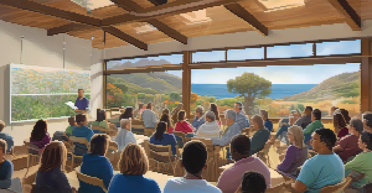 An educational workshop in a community center in Malibu, with a guest speaker and an engaged audience, surrounded by natural light and informative materials.