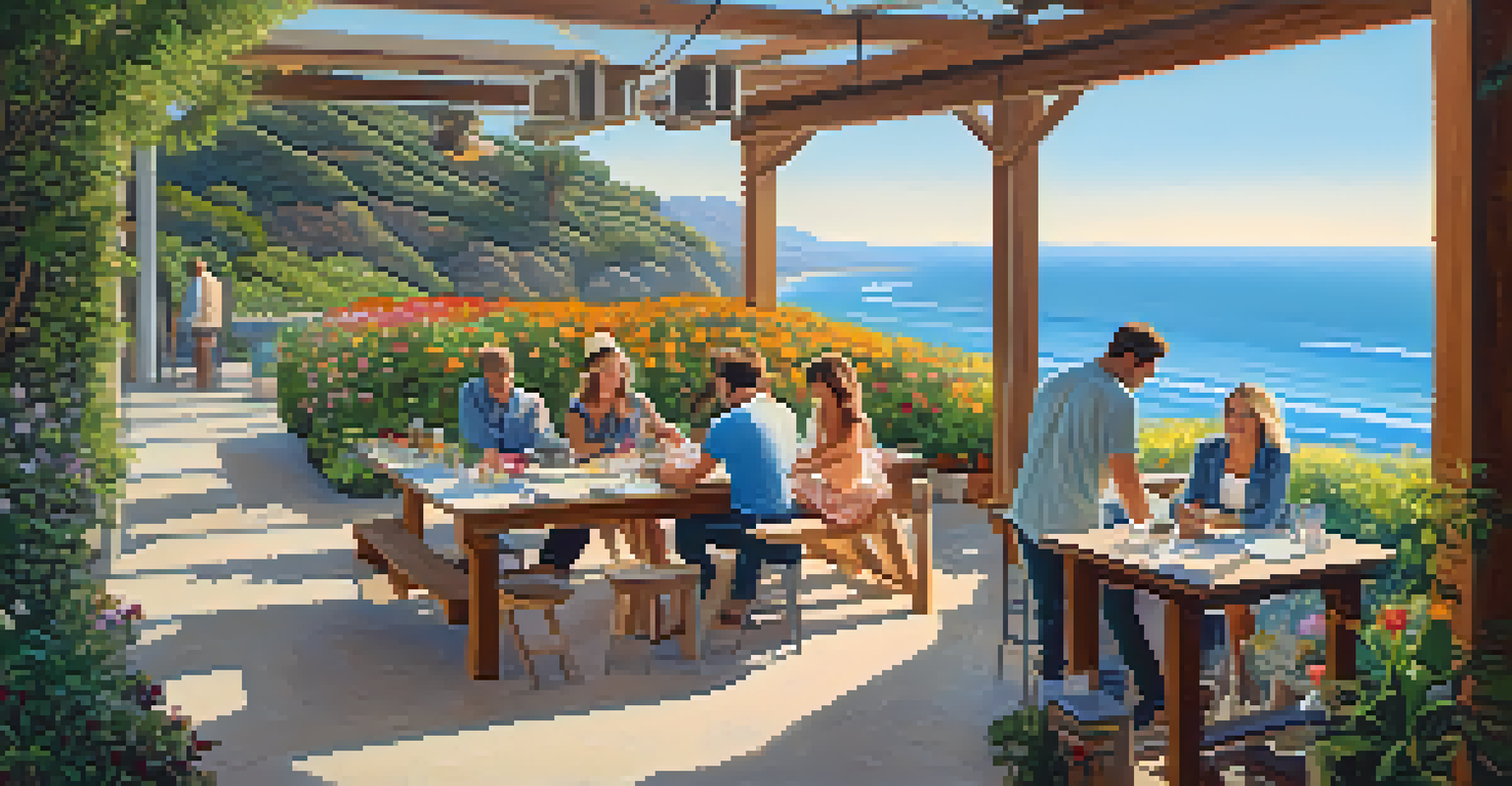 An outdoor coworking area in Malibu with a communal table, greenery, and people collaborating against the backdrop of the coastline.