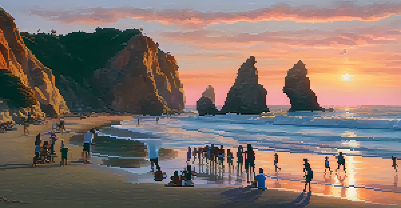 A sunset scene at El Matador Beach with friends playing volleyball near stunning rock formations.