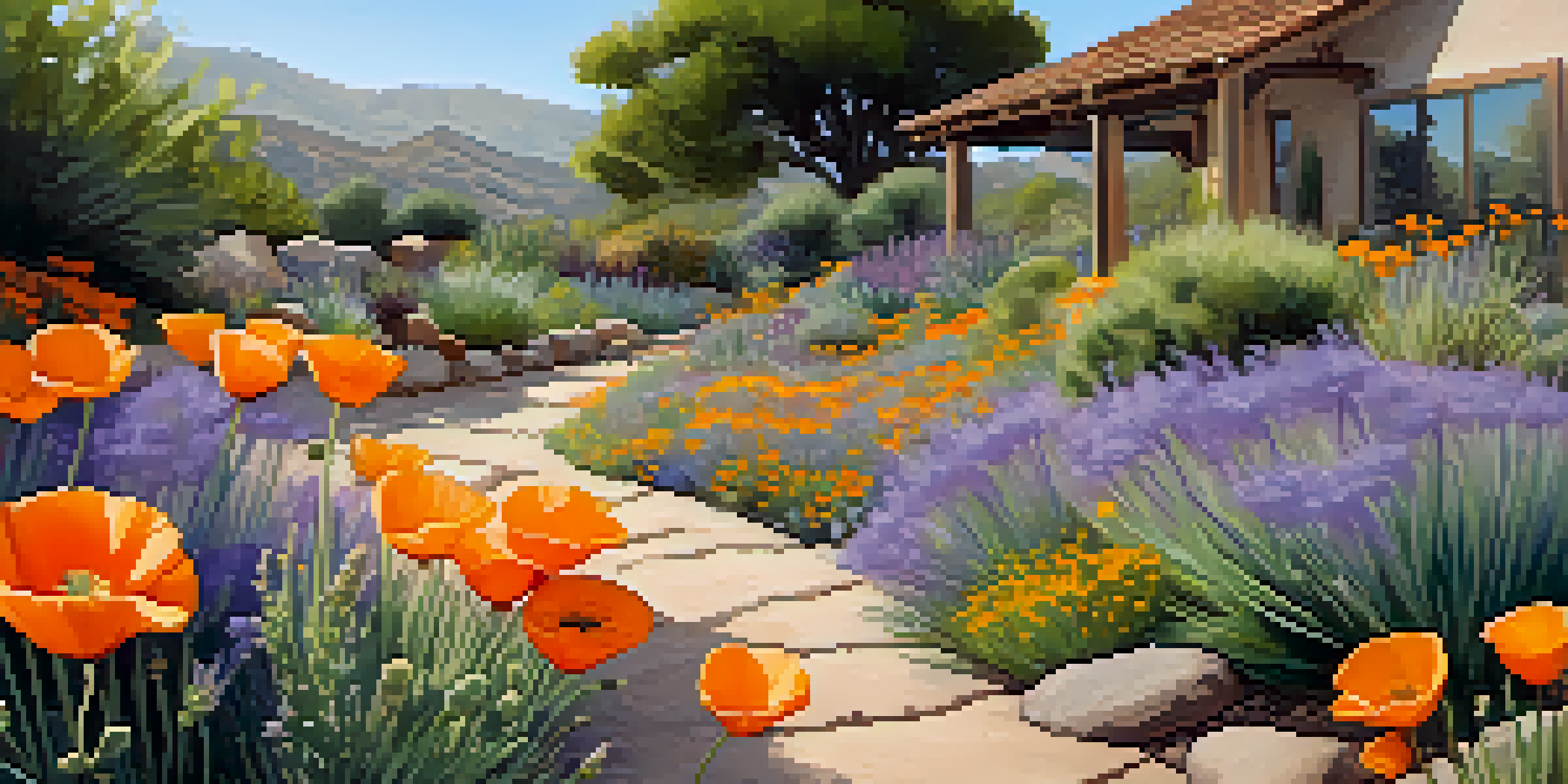 A xeriscaped garden in Malibu with colorful California poppies and lavender, illuminated by warm sunlight, featuring a gravel pathway and decorative boulders.