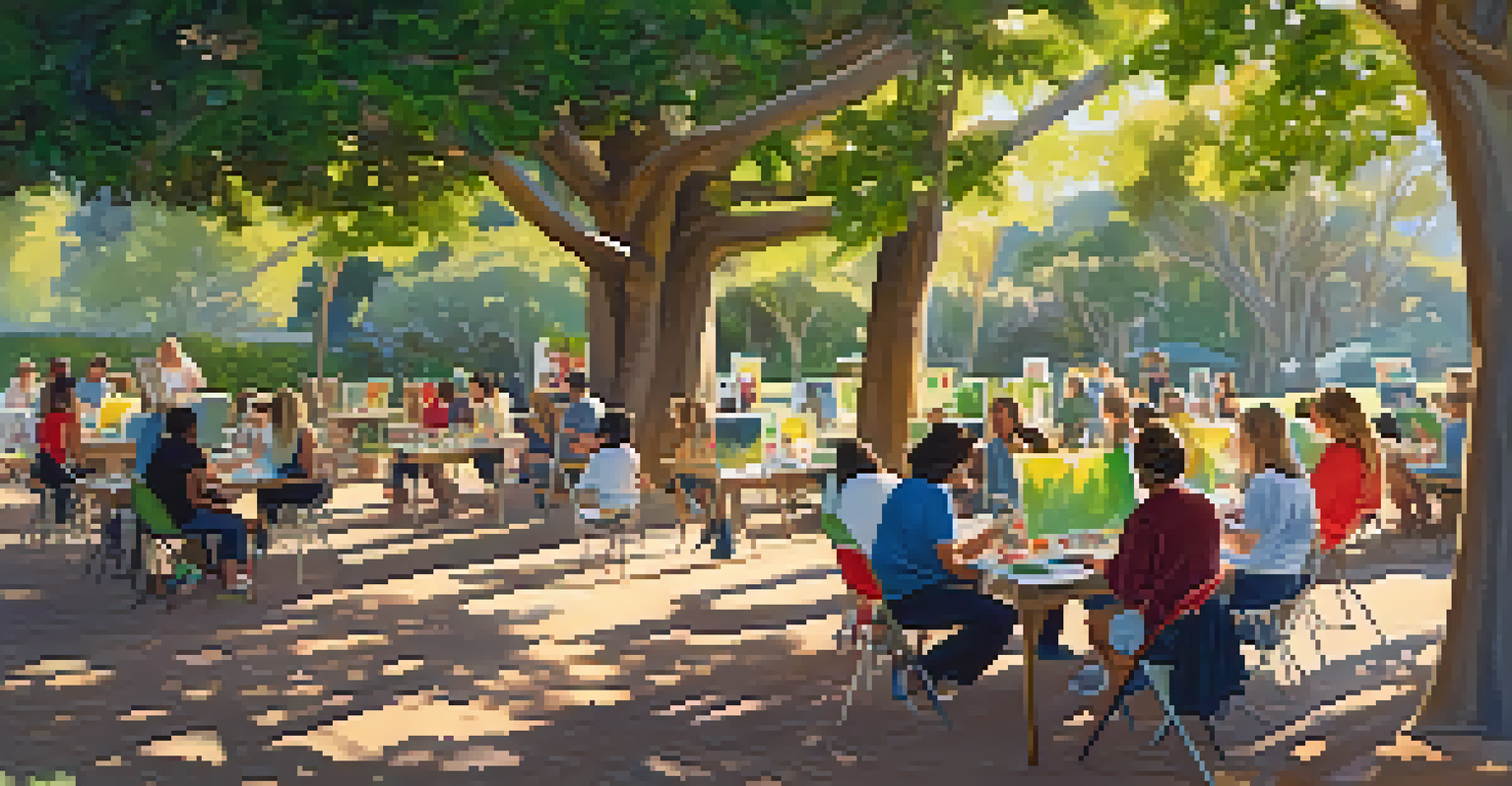 A community art workshop in a sunny park with participants painting on canvases surrounded by greenery and flowers.