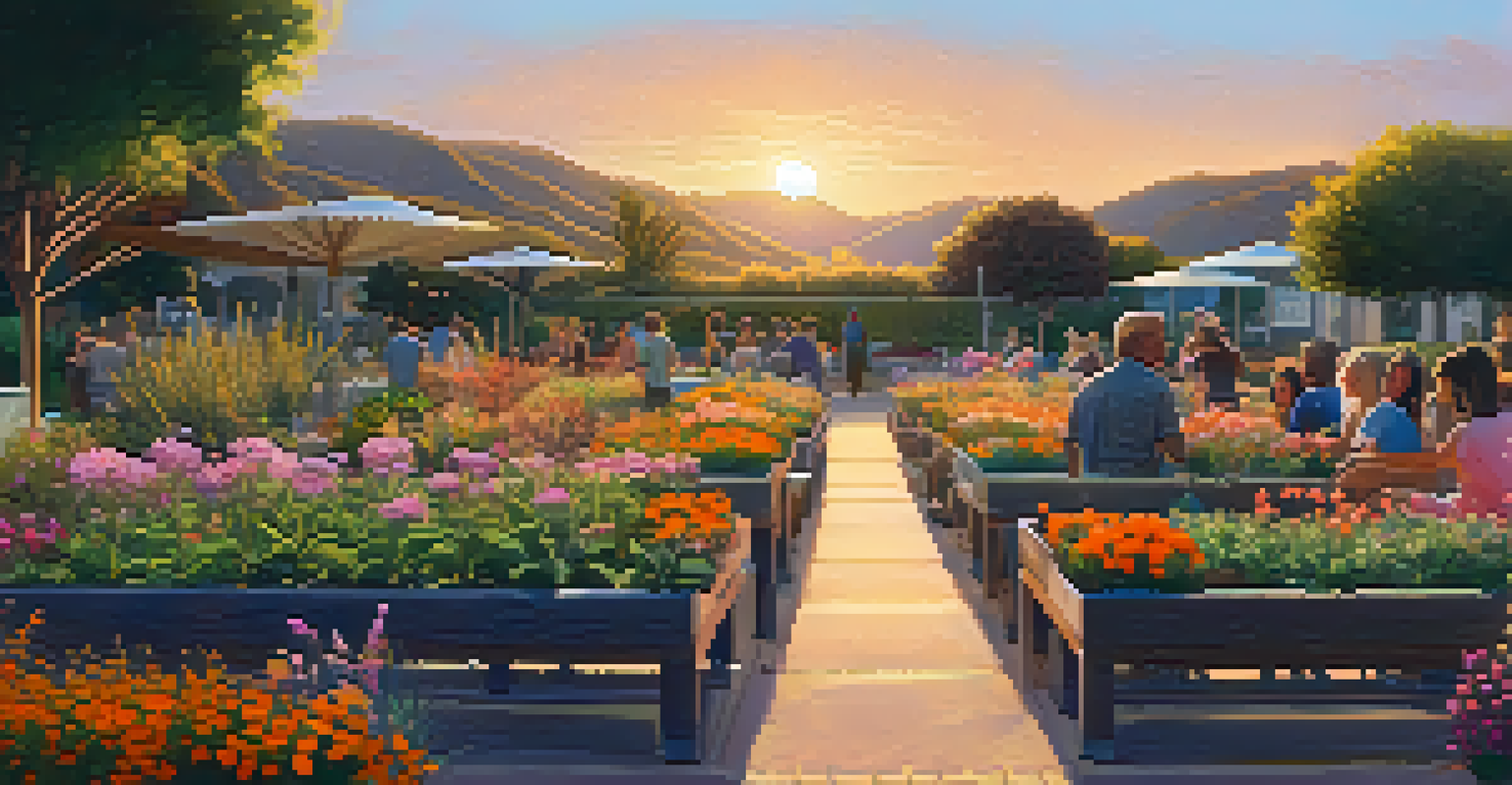 A peaceful community garden in Malibu during sunset, with residents enjoying the space and tending to plants.