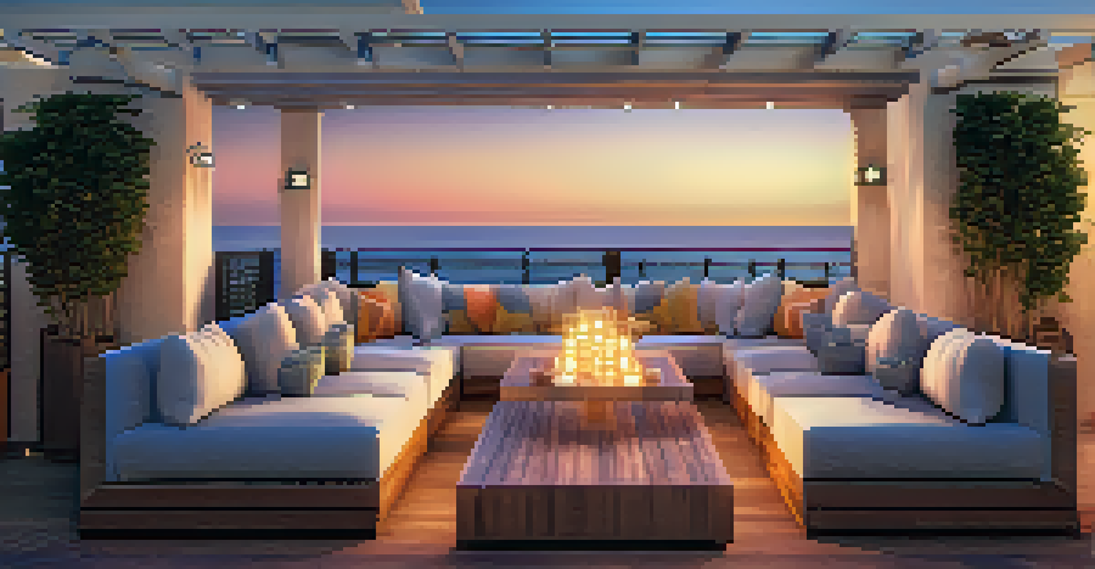 A cozy outdoor seating area at a Malibu rooftop lounge with cabanas and ocean views.