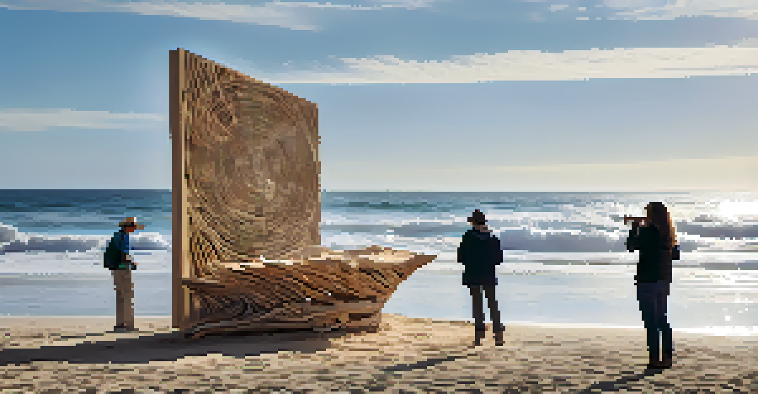 Visitors interacting with a driftwood sound sculpture on the beach, while a musician plays nearby, with ocean waves in the background.