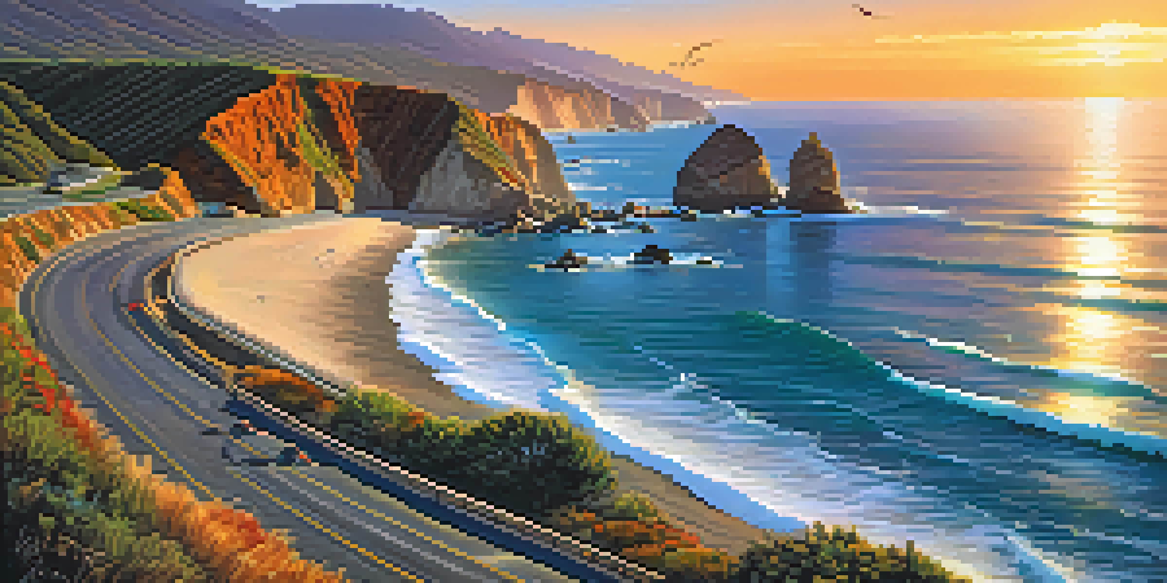 A scenic view of the Pacific Coast Highway during sunset, with vibrant sky colors and surfers in the ocean.