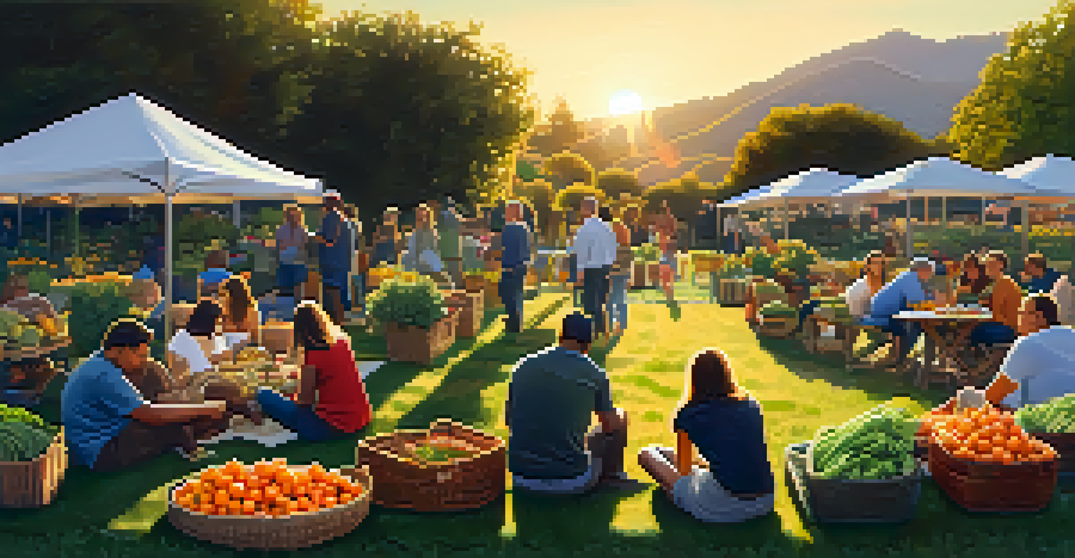 A peaceful harvest festival in a community garden with people picnicking and enjoying fresh produce, illuminated by a golden sunset.
