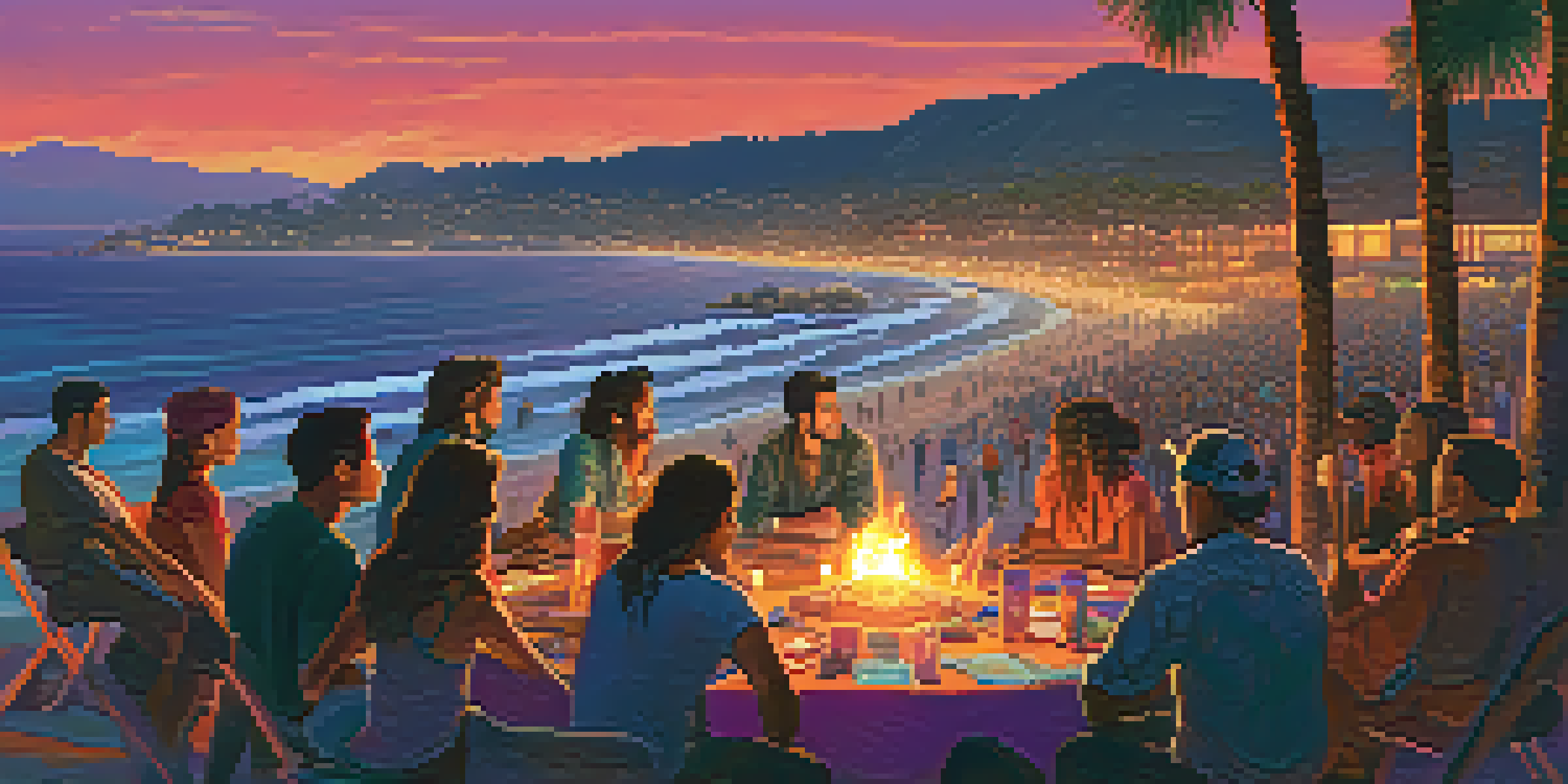 A picturesque sunset over the Pacific Ocean, with filmmakers discussing ideas in the foreground, surrounded by palm trees and colorful festival banners.