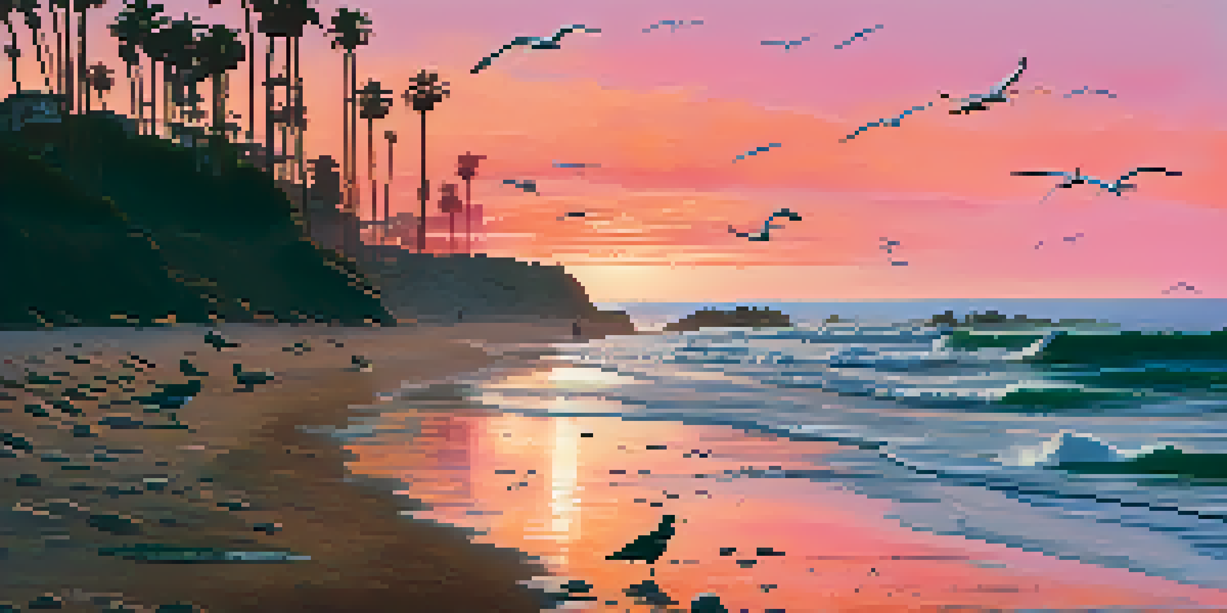 A sunset view of Malibu's coastline with people cleaning the beach and seagulls in the sky.