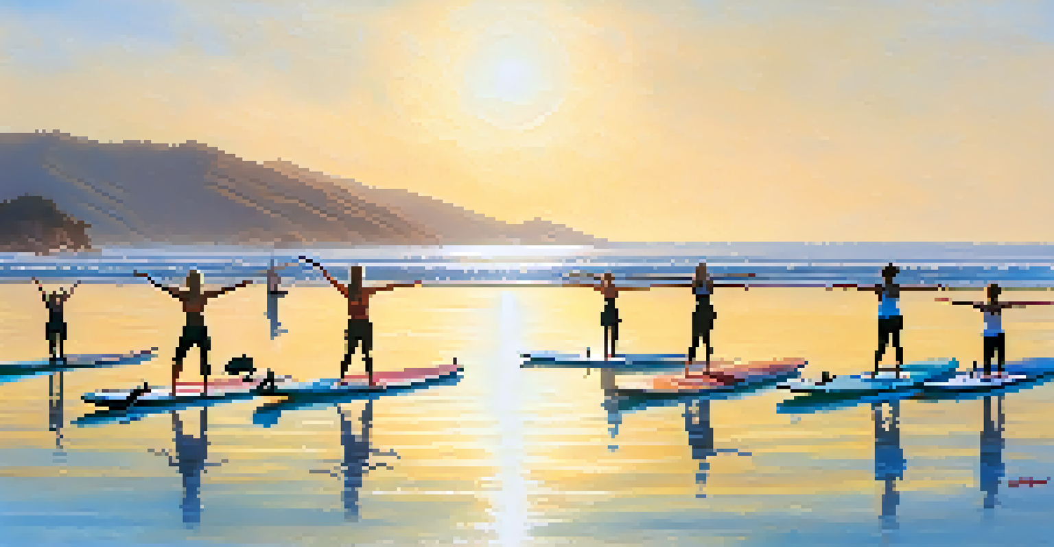 Participants practicing yoga on paddleboards in the ocean with a clear blue sky.