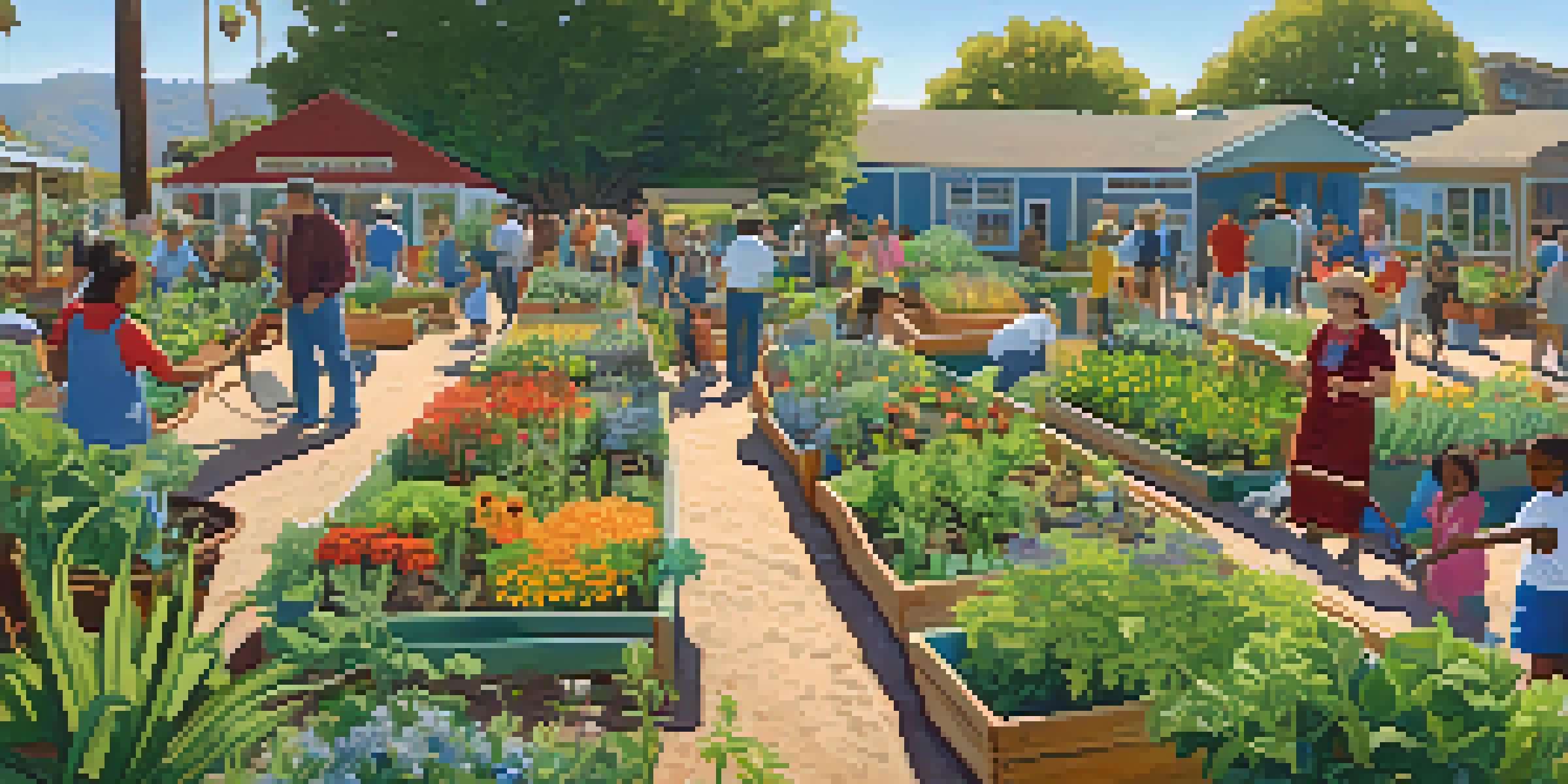 A lively community garden scene with people planting and harvesting among colorful flowers and vegetables under a sunny sky.