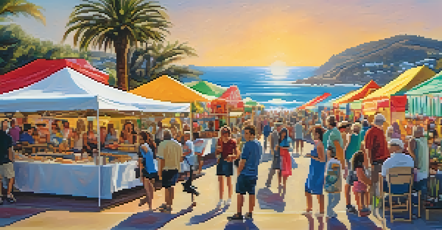 A vibrant community art event in Malibu with local artists displaying their outdoor installations, surrounded by an engaged crowd and ocean views.