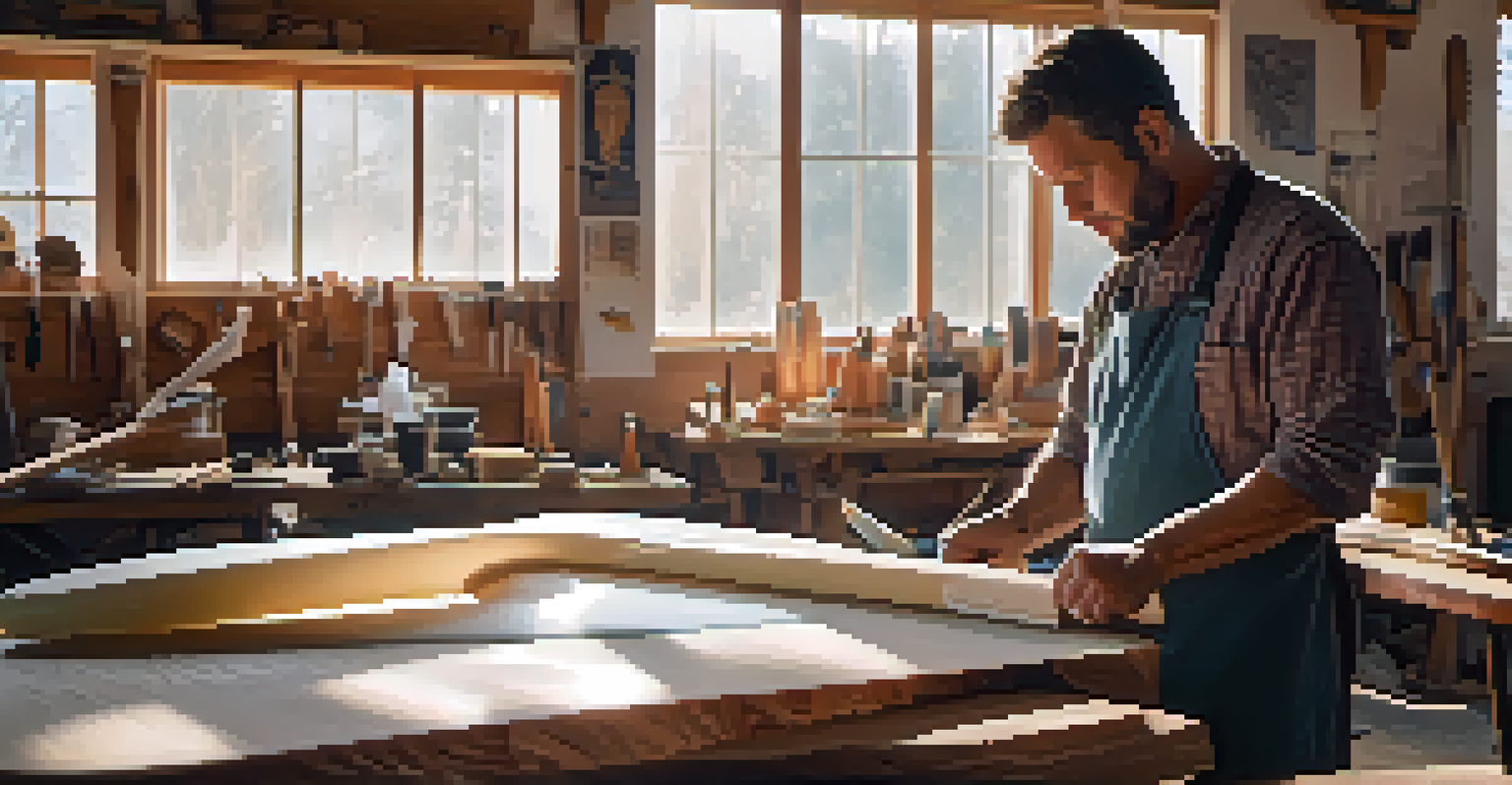 A surfboard shaper in a workshop, carefully crafting a foam board with hand tools, sunlight streaming through a window.