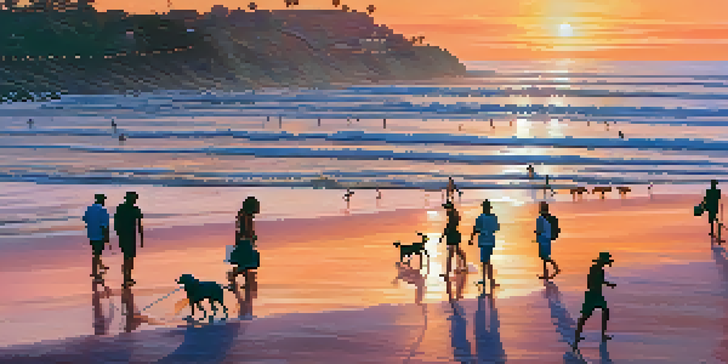 A scenic view of Malibu beach at sunset, featuring pet owners with dogs walking along the shore and surfers in the ocean.