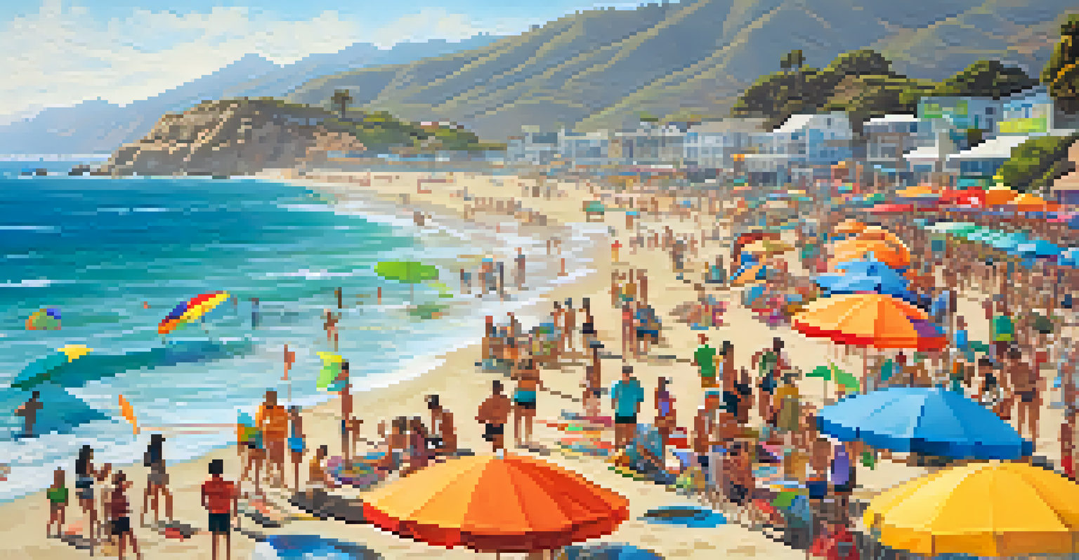 A beach art festival in Malibu with diverse artists and participants enjoying workshops and art installations.