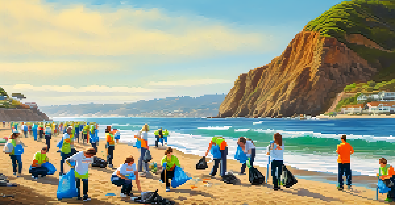 Volunteers participating in a beach clean-up in Malibu, with blue skies and ocean in the background. Diverse people are collecting trash along the shoreline.
