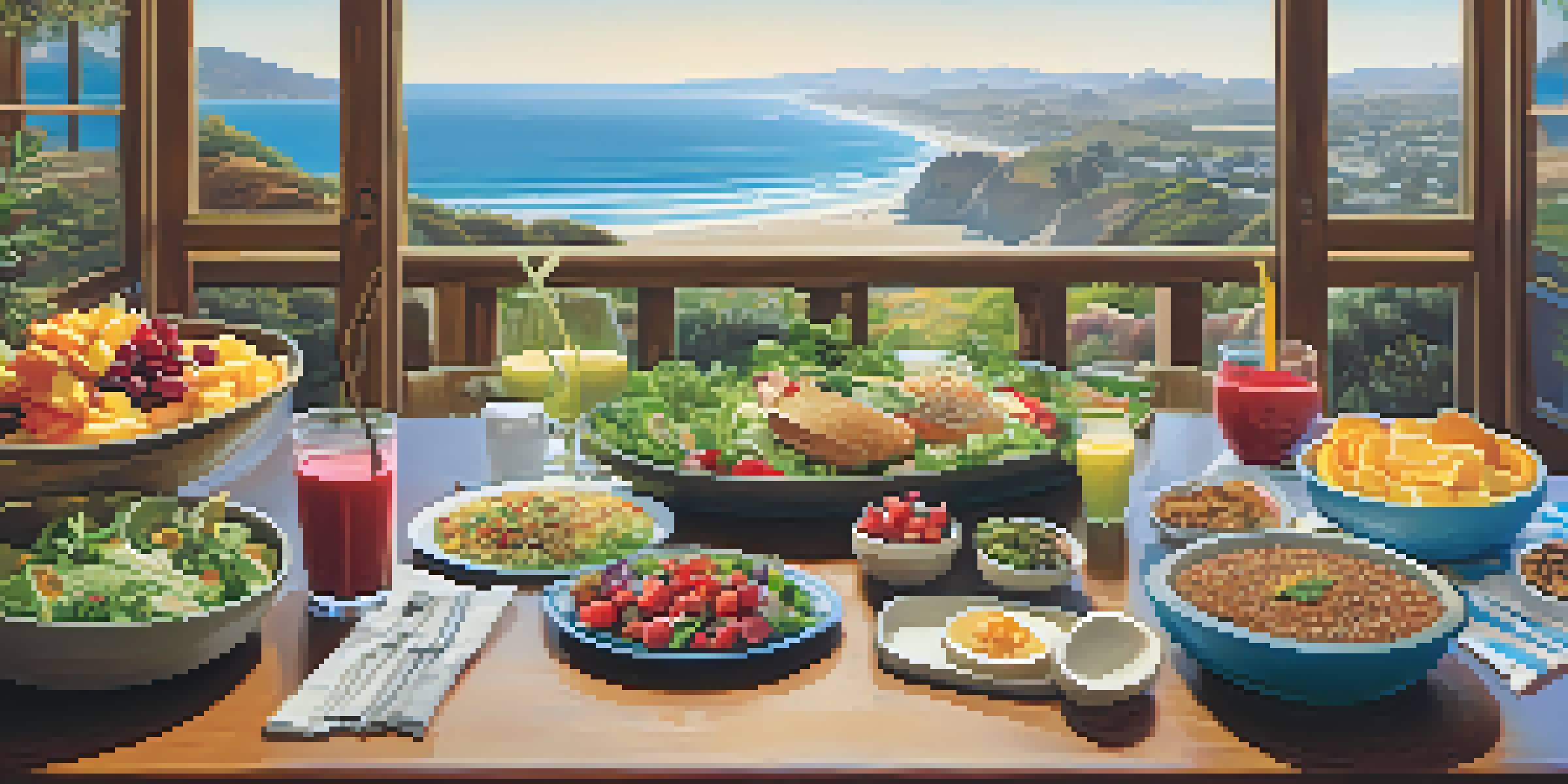 A healthy meal with salads, smoothies, and grains on a table overlooking the Malibu coastline.